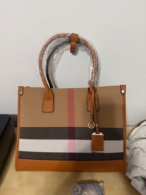 Inspired Canvas Stripe Tote Bag with Leather Trim